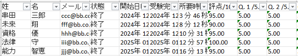 各人の受験結果の詳細（サンプル）
